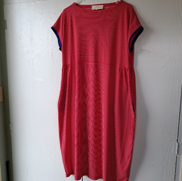 Chiara Cocol Milano Red & White Striped Midi Dress with Blue Trim SZ L - Picture 1 of 12